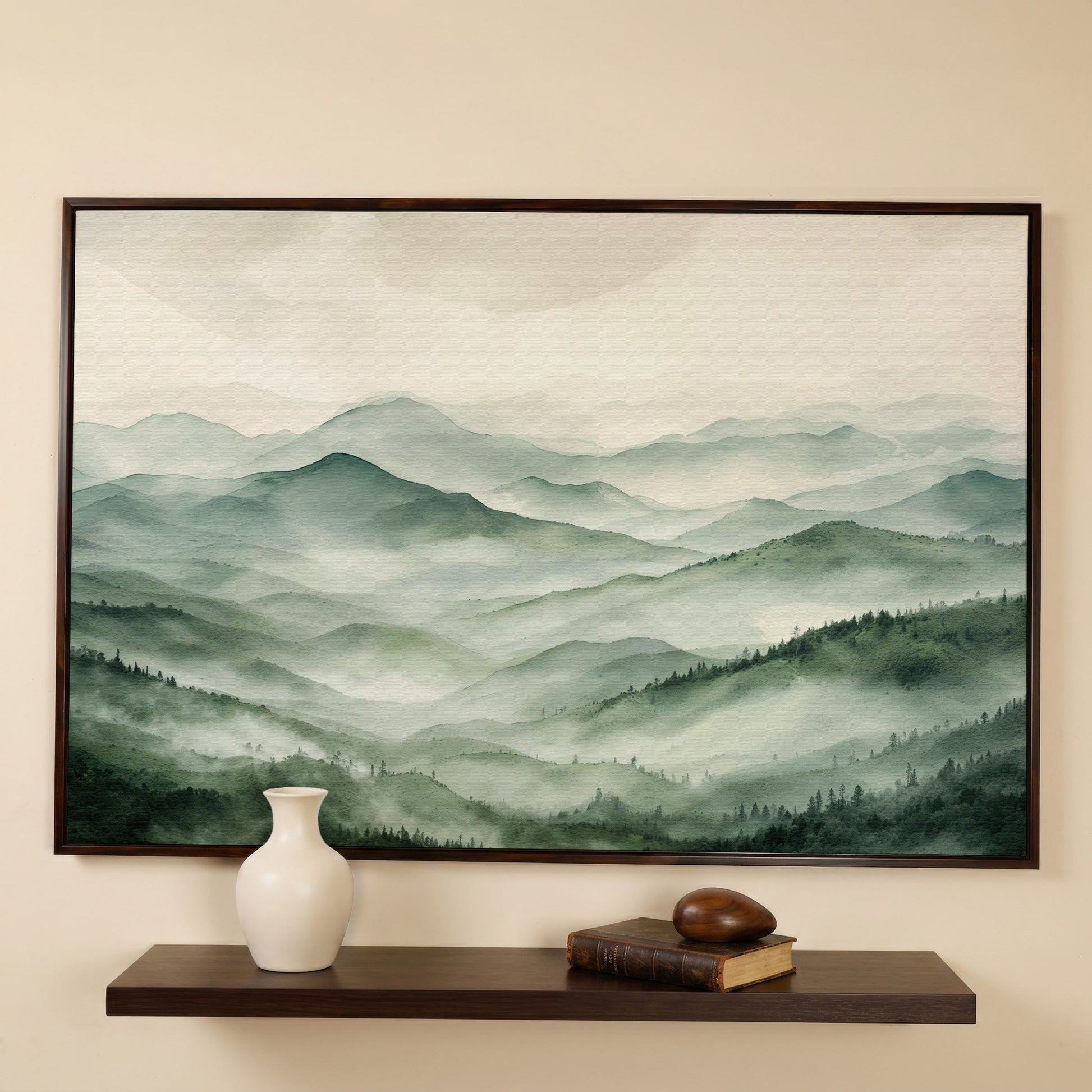 Misty Mountain Ridges Canvas Wall Art, Layered Valley Landscape in dark walnut floating frame