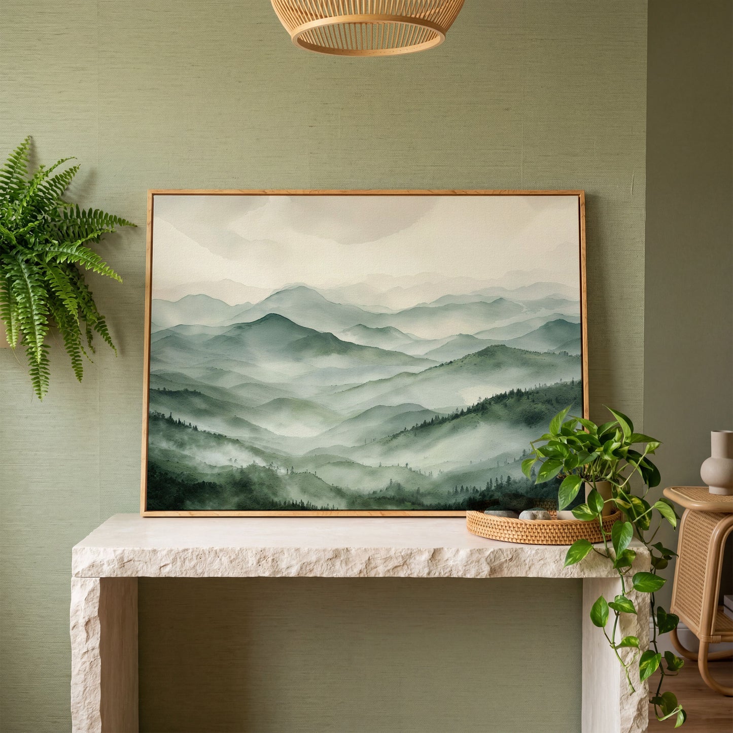 Misty Mountain Ridges Canvas Wall Art, Layered Valley Landscape in white oak floating frame