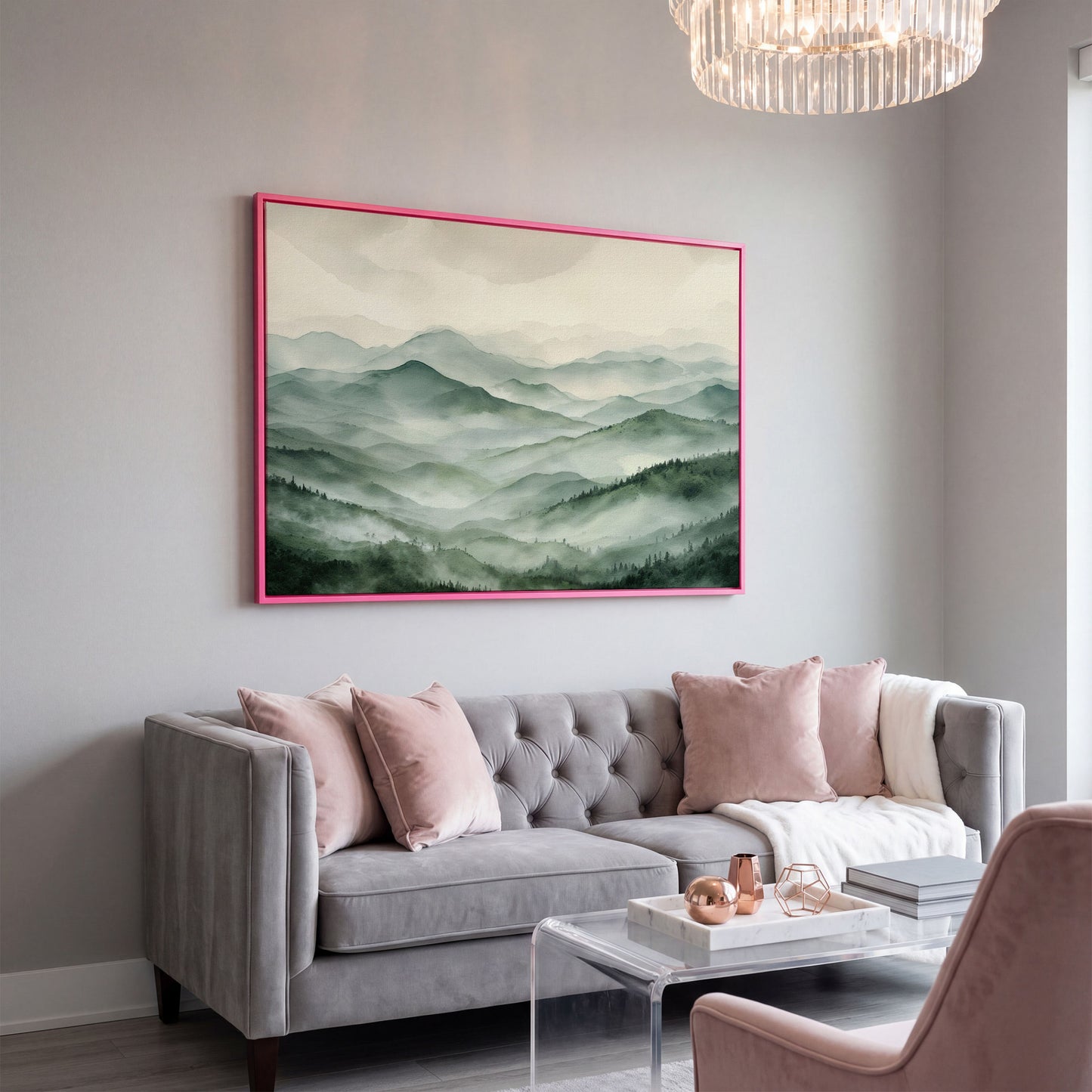 Misty Mountain Ridges Canvas Wall Art, Layered Valley Landscape in pink floating frame