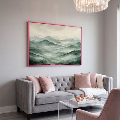 Misty Mountain Ridges Canvas Wall Art, Layered Valley Landscape in pink floating frame