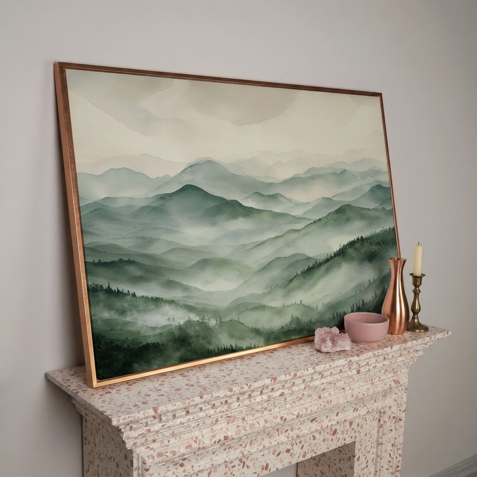 Misty Mountain Ridges Canvas Wall Art, Layered Valley Landscape in rose gold floating frame