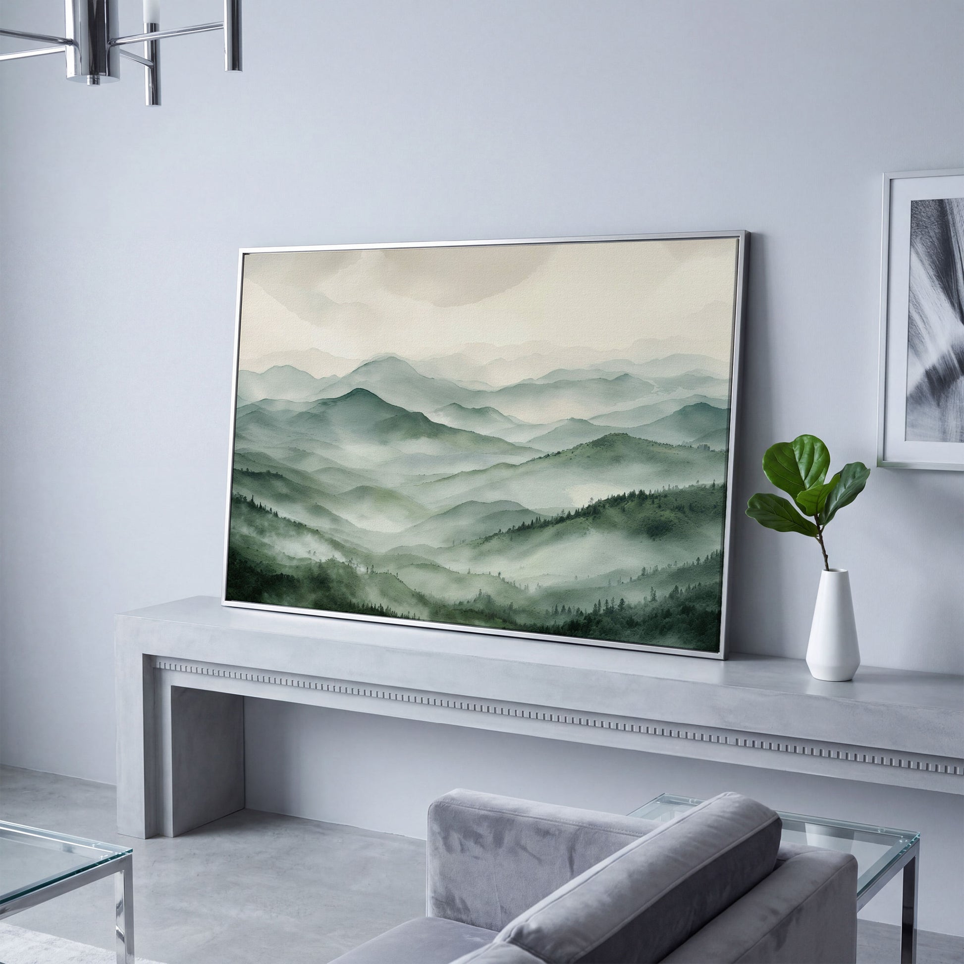 Misty Mountain Ridges Canvas Wall Art, Layered Valley Landscape in silver floating frame