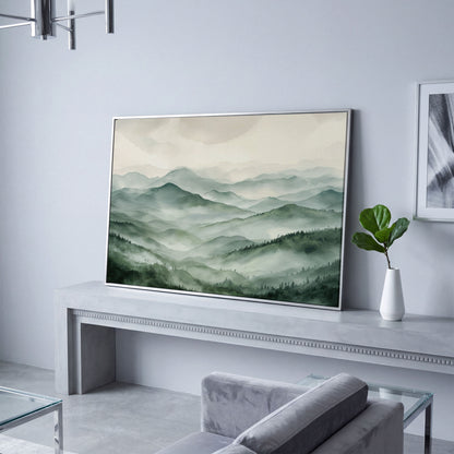 Misty Mountain Ridges Canvas Wall Art, Layered Valley Landscape in silver floating frame