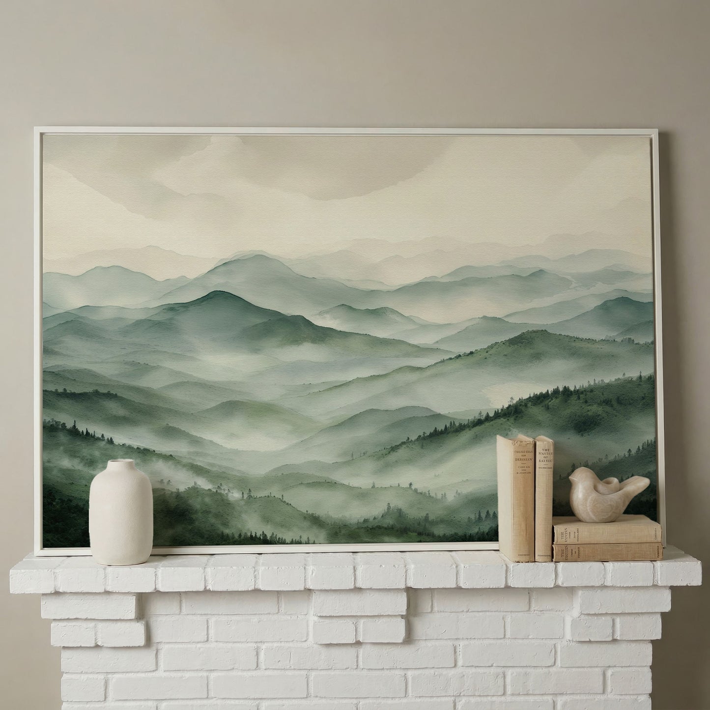 Misty Mountain Ridges Canvas Wall Art, Layered Valley Landscape in white floating frame
