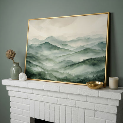 Misty Mountain Ridges Canvas Wall Art, Layered Valley Landscape in yellow gold floating frame