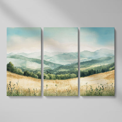 Misty Mountain Meadows Canvas Art, Rolling Hills and Forest Landscape as 3-panel split version