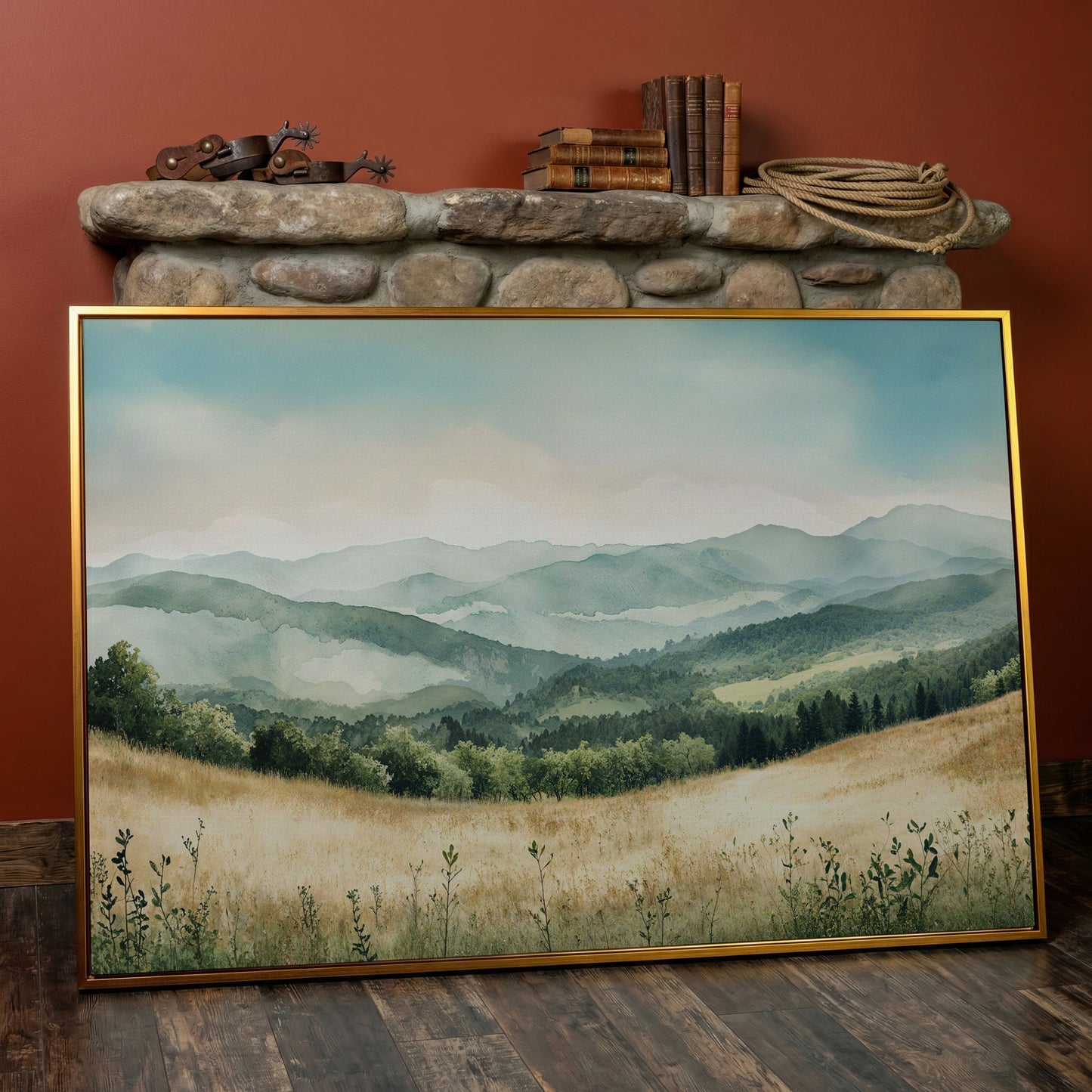 Misty Mountain Meadows Canvas Art, Rolling Hills and Forest Landscape in antique gold floating frame
