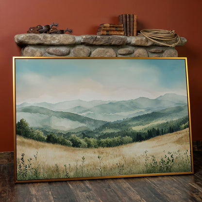 Misty Mountain Meadows Canvas Art, Rolling Hills and Forest Landscape in antique gold floating frame