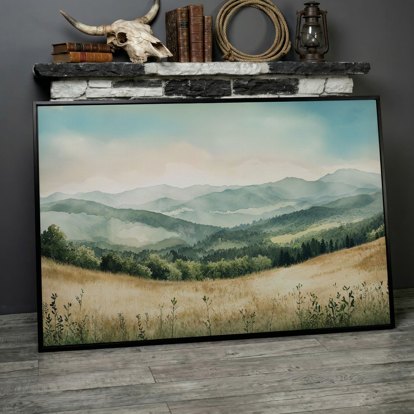 Misty Mountain Meadows Canvas Art, Rolling Hills and Forest Landscape in black floating frame