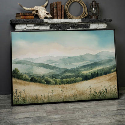 Misty Mountain Meadows Canvas Art, Rolling Hills and Forest Landscape in black floating frame