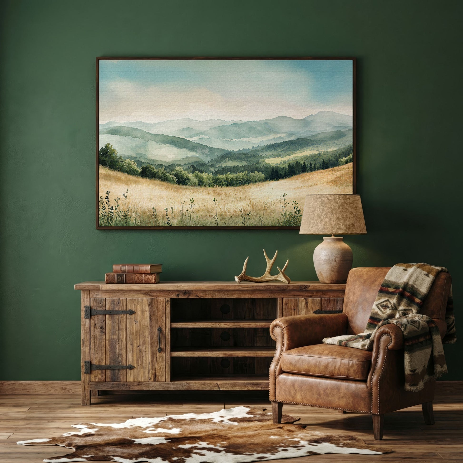 Misty Mountain Meadows Canvas Art, Rolling Hills and Forest Landscape in dark walnut floating frame