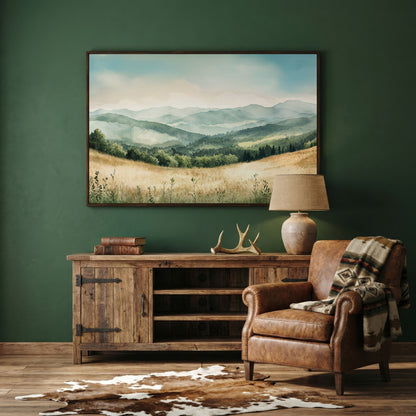 Misty Mountain Meadows Canvas Art, Rolling Hills and Forest Landscape in dark walnut floating frame