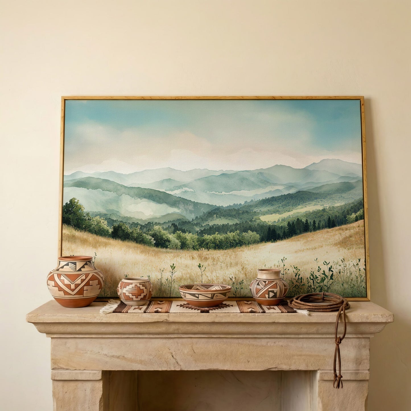 Misty Mountain Meadows Canvas Art, Rolling Hills and Forest Landscape in white oak floating frame