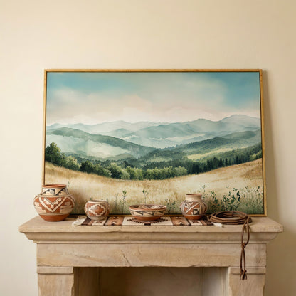 Misty Mountain Meadows Canvas Art, Rolling Hills and Forest Landscape in white oak floating frame