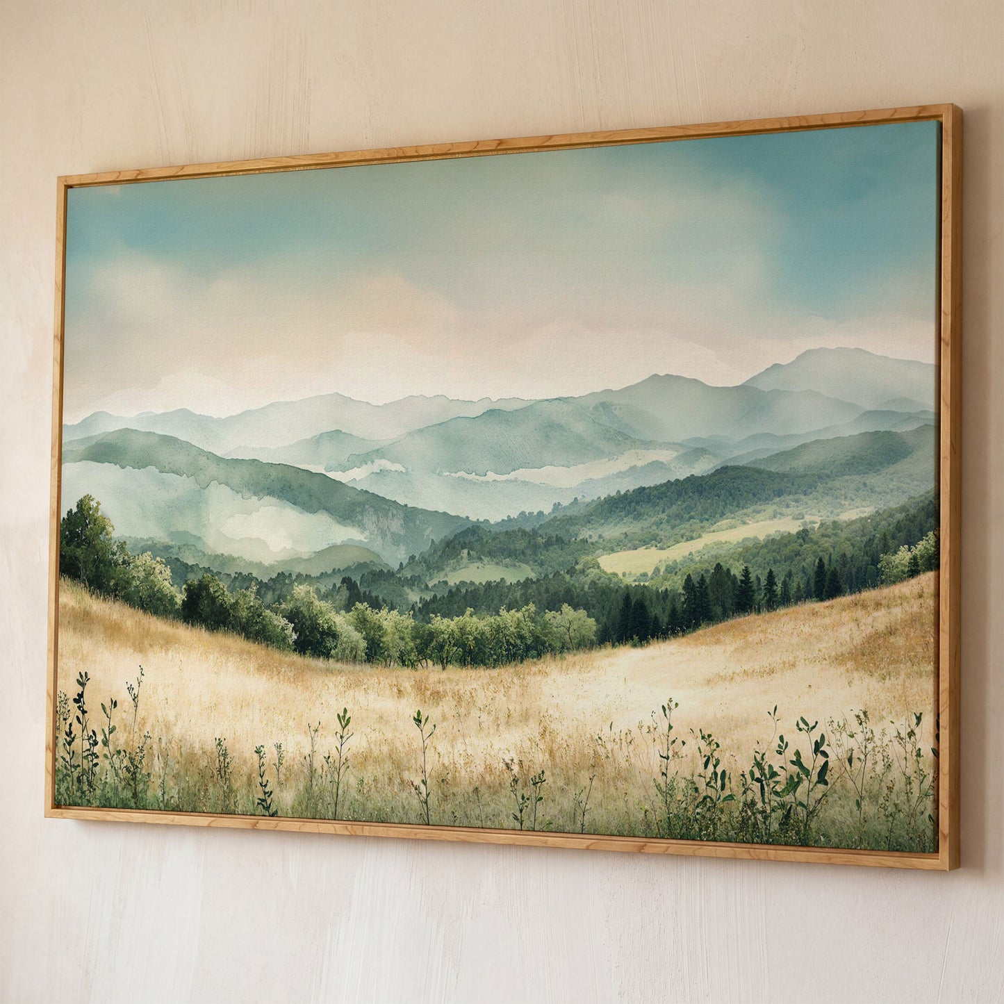 Misty Mountain Meadows Canvas Art, Rolling Hills and Forest Landscape shown in white oak floating frame