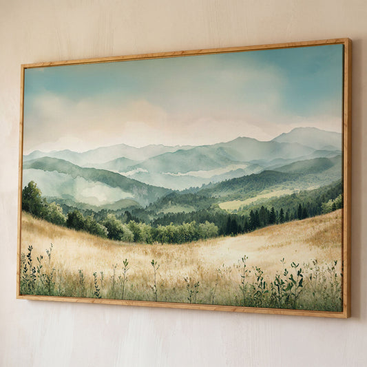 Misty Mountain Meadows Canvas Art, Rolling Hills and Forest Landscape shown in white oak floating frame