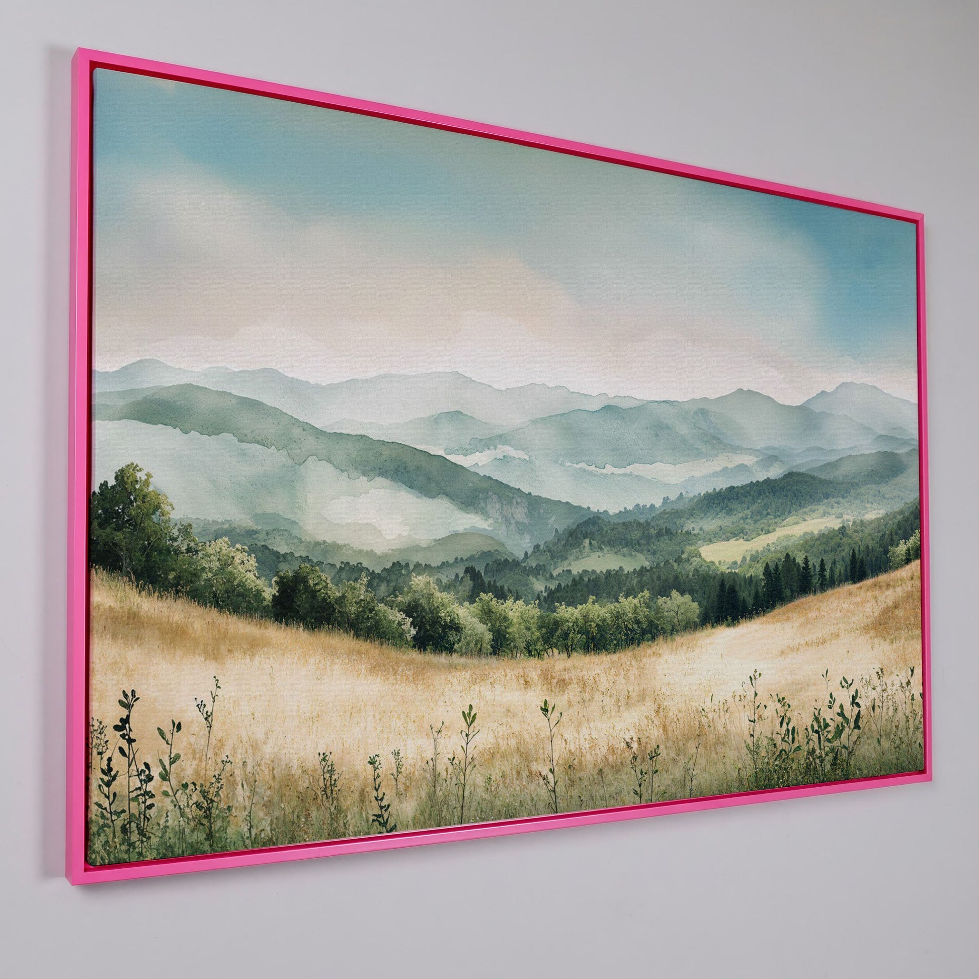 Misty Mountain Meadows Canvas Art, Rolling Hills and Forest Landscape in pink floating frame