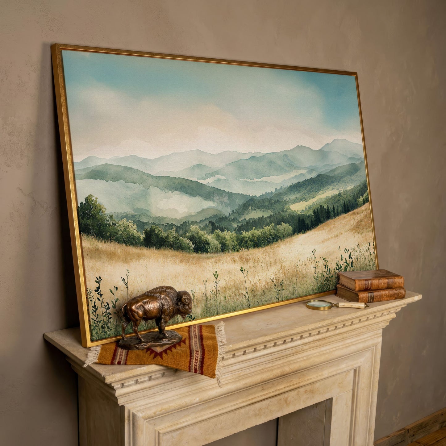 Misty Mountain Meadows Canvas Art, Rolling Hills and Forest Landscape in rose gold floating frame