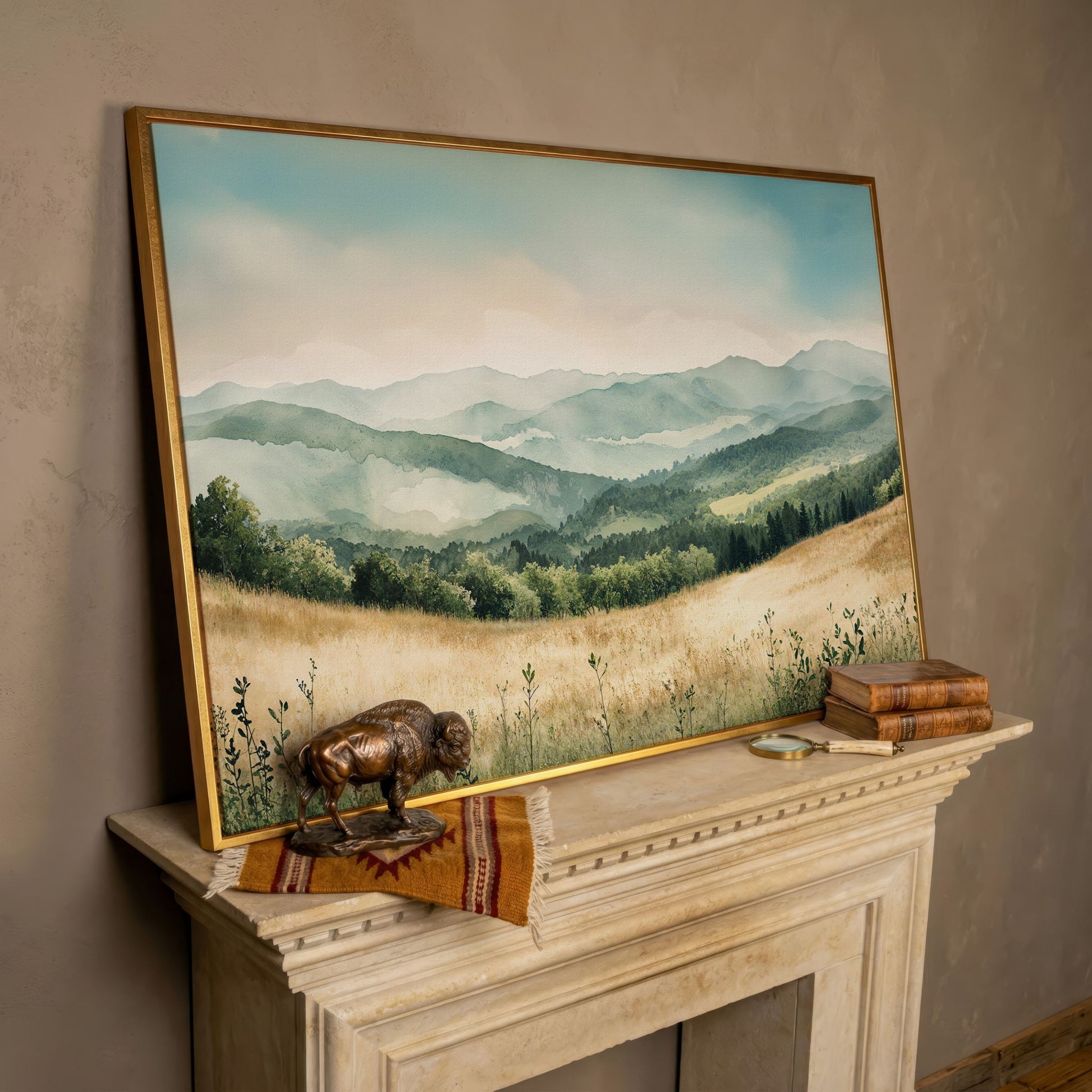 Misty Mountain Meadows Canvas Art, Rolling Hills and Forest Landscape in rose gold floating frame