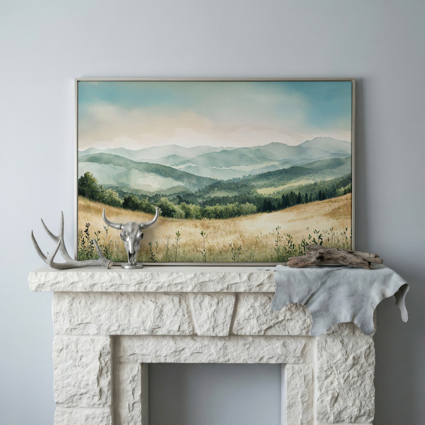 Misty Mountain Meadows Canvas Art, Rolling Hills and Forest Landscape in silver floating frame
