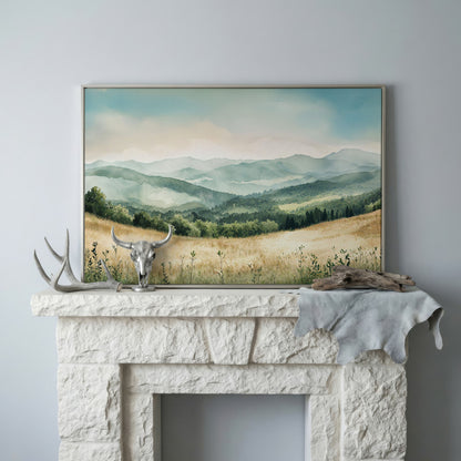 Misty Mountain Meadows Canvas Art, Rolling Hills and Forest Landscape in silver floating frame