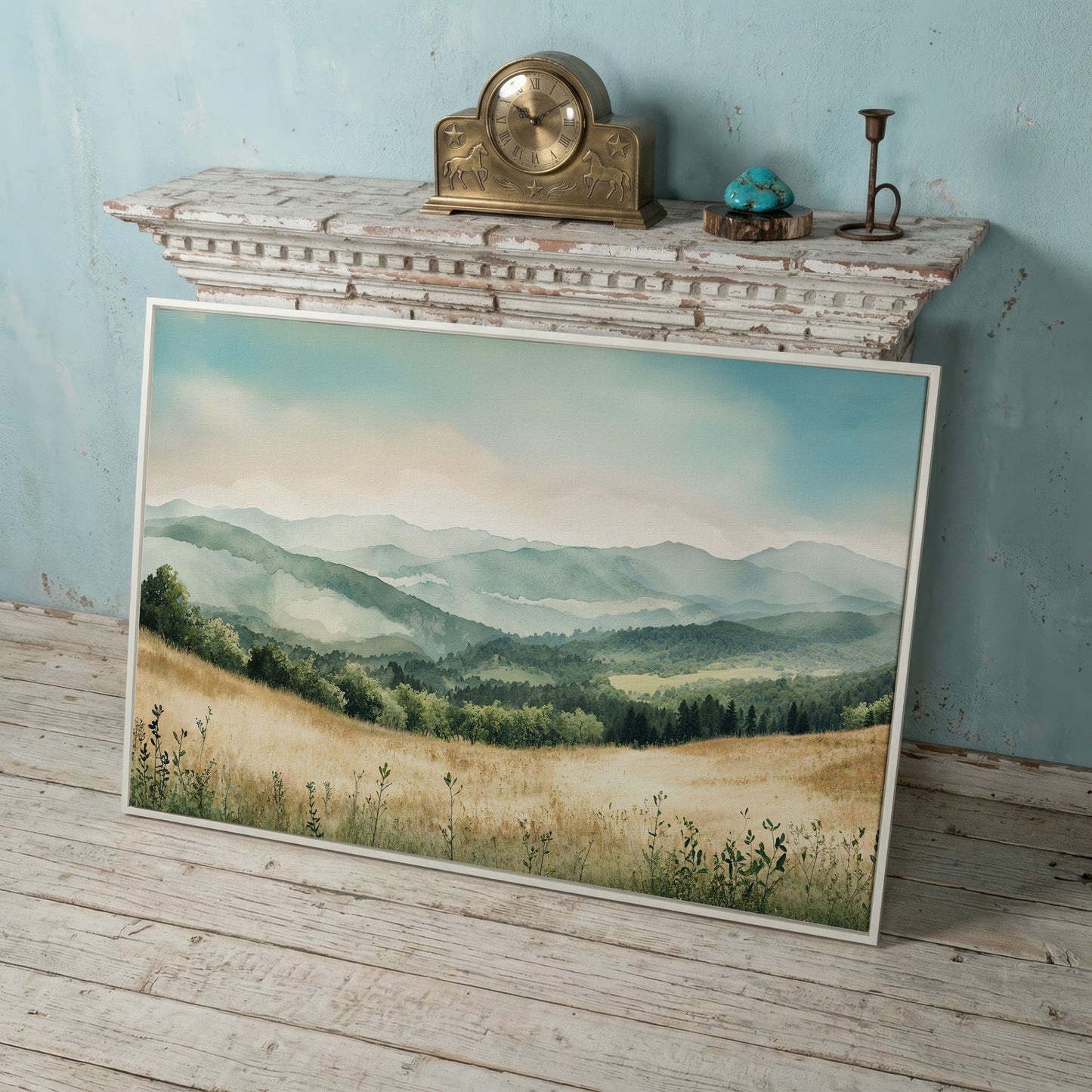 Misty Mountain Meadows Canvas Art, Rolling Hills and Forest Landscape in white floating frame