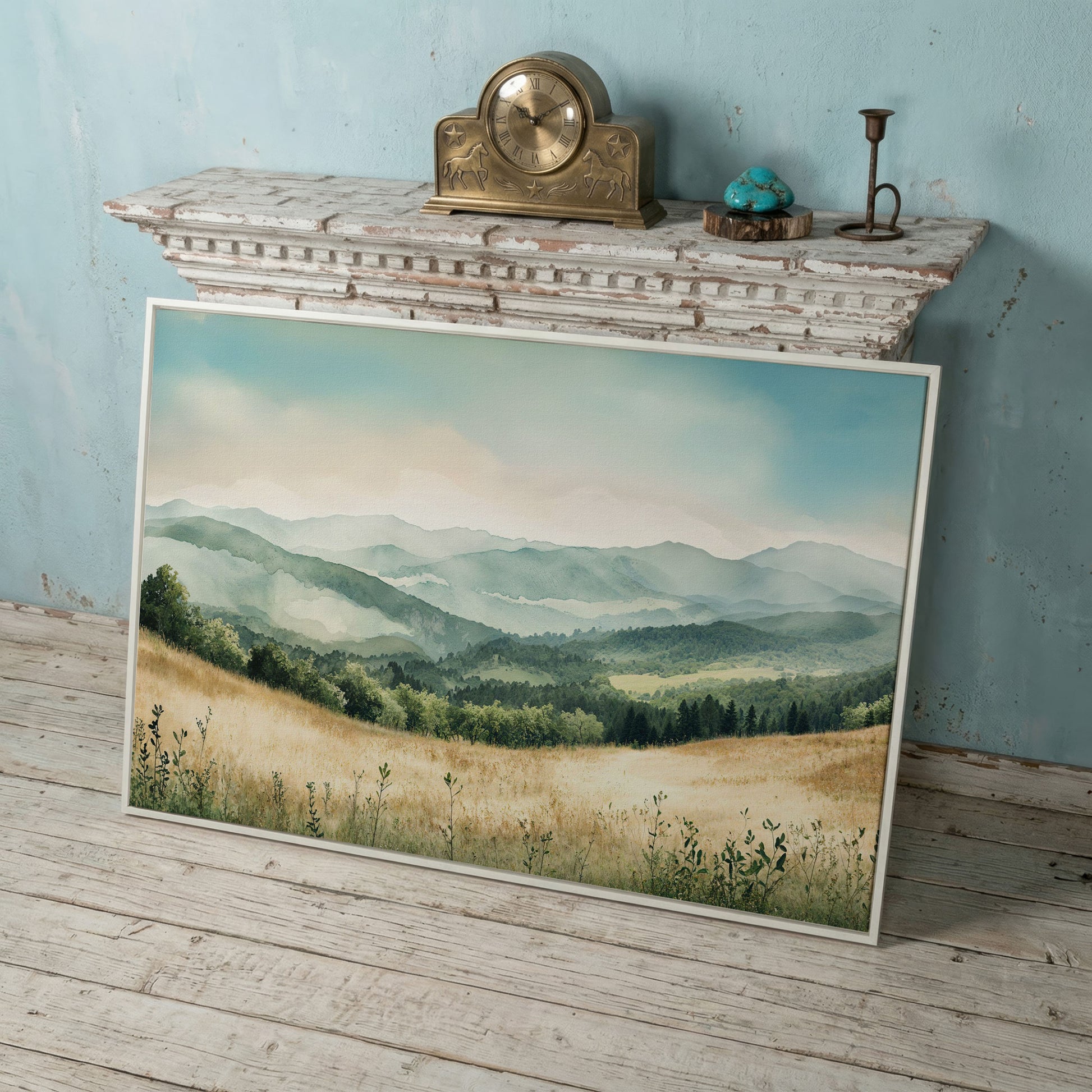 Misty Mountain Meadows Canvas Art, Rolling Hills and Forest Landscape in white floating frame