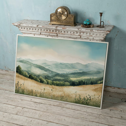 Misty Mountain Meadows Canvas Art, Rolling Hills and Forest Landscape in white floating frame