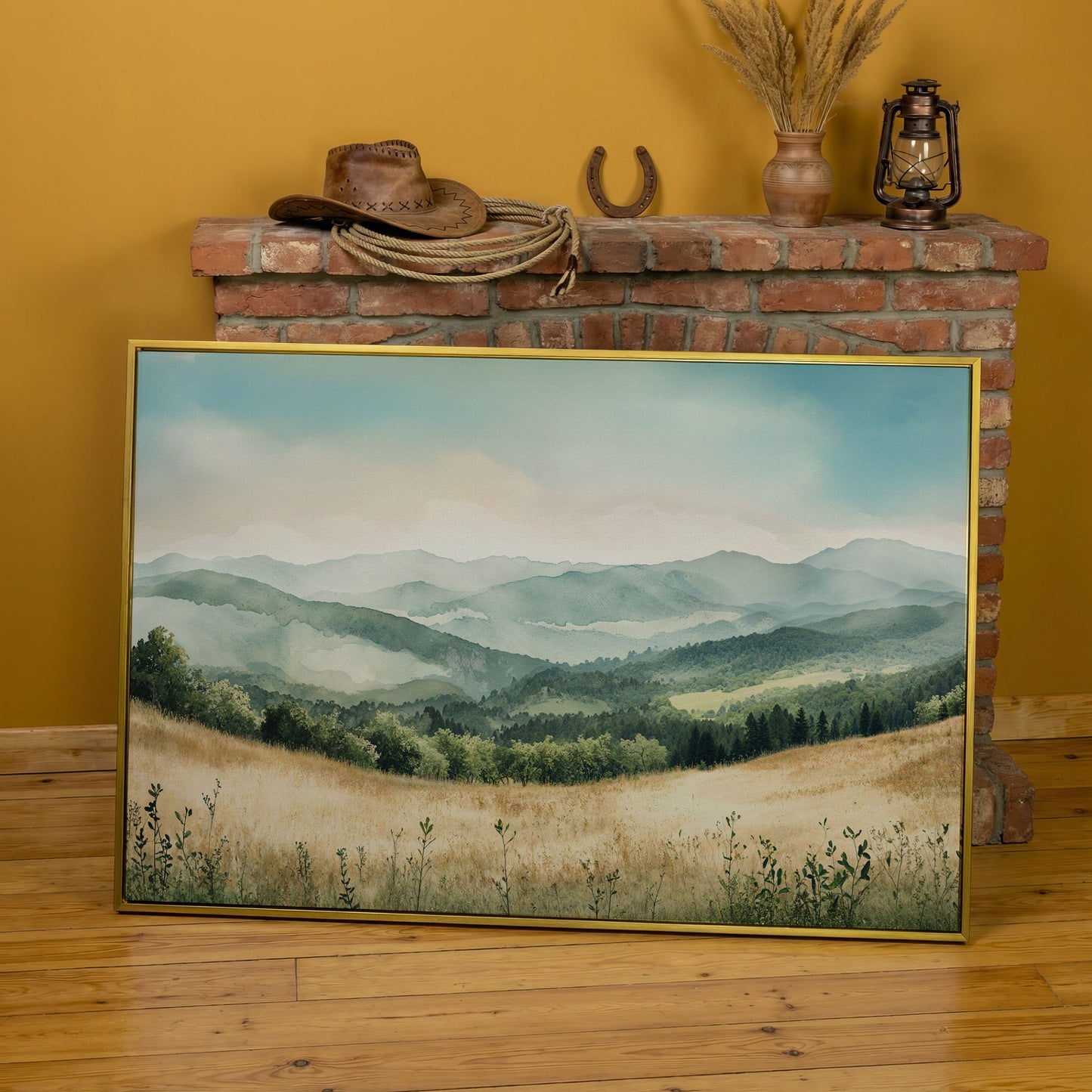 Misty Mountain Meadows Canvas Art, Rolling Hills and Forest Landscape in yellow gold floating frame
