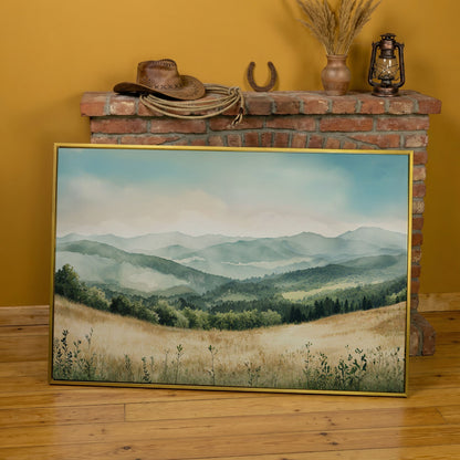 Misty Mountain Meadows Canvas Art, Rolling Hills and Forest Landscape in yellow gold floating frame