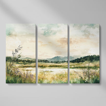 Mountain Lake Landscape Canvas Wall Art, Fields and Water as 3-panel split version