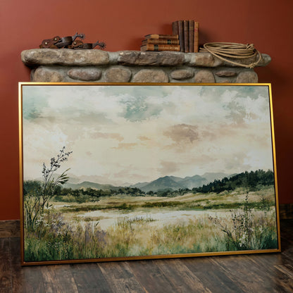 Mountain Lake Landscape Canvas Wall Art, Fields and Water in antique gold floating frame