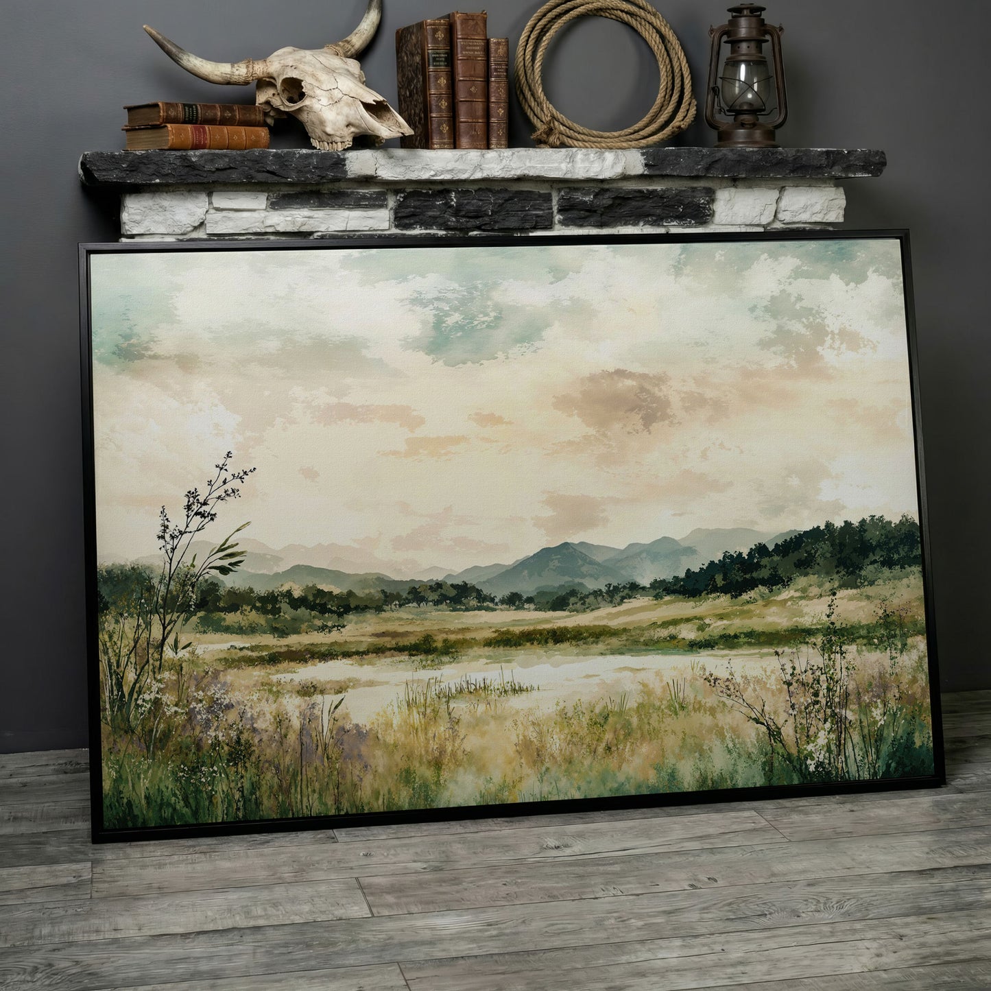 Mountain Lake Landscape Canvas Wall Art, Fields and Water in black floating frame