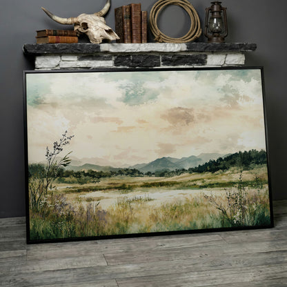 Mountain Lake Landscape Canvas Wall Art, Fields and Water in black floating frame