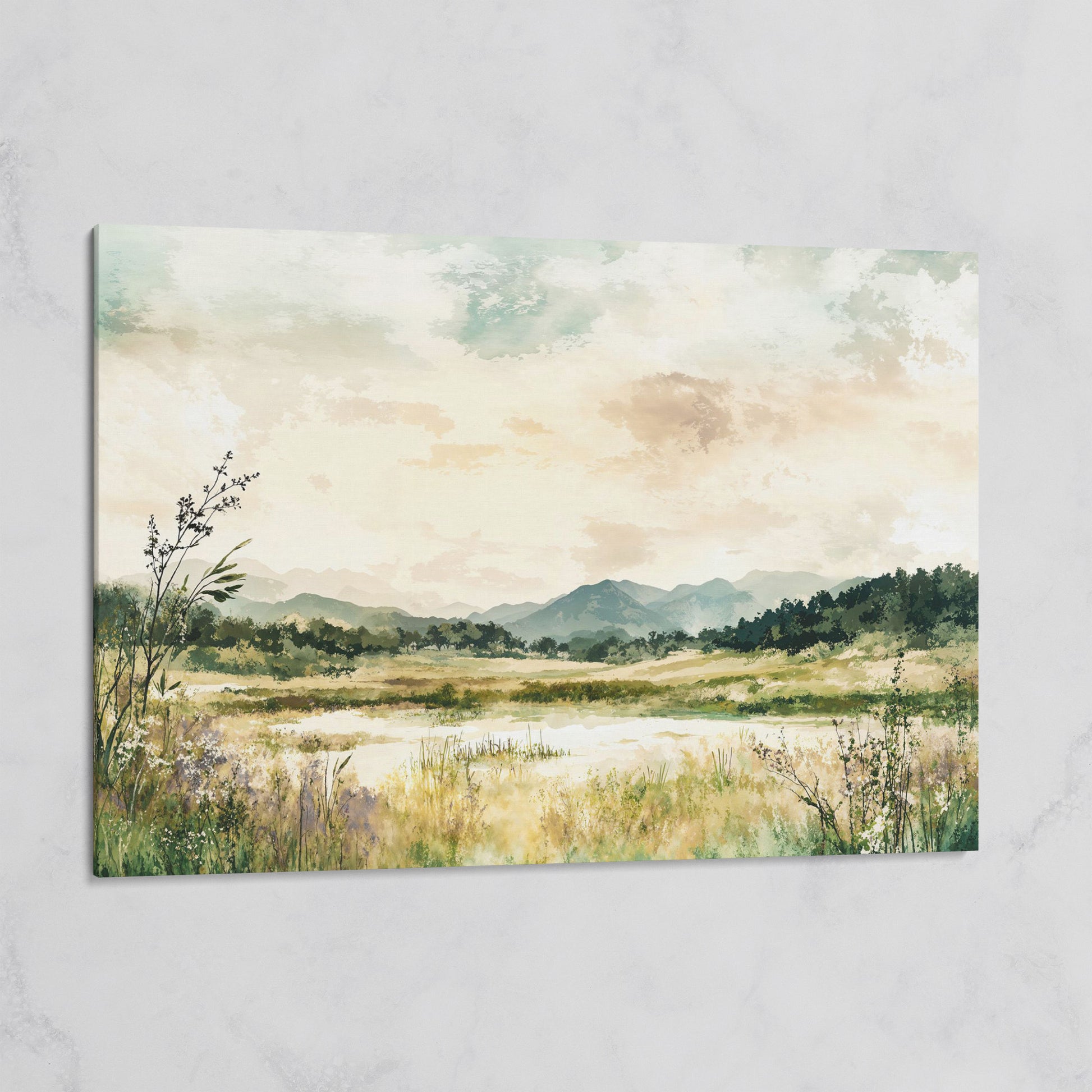 Mountain Lake Landscape Canvas Wall Art, Fields and Water on gallery wrap