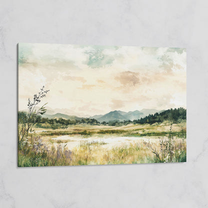 Mountain Lake Landscape Canvas Wall Art, Fields and Water on gallery wrap