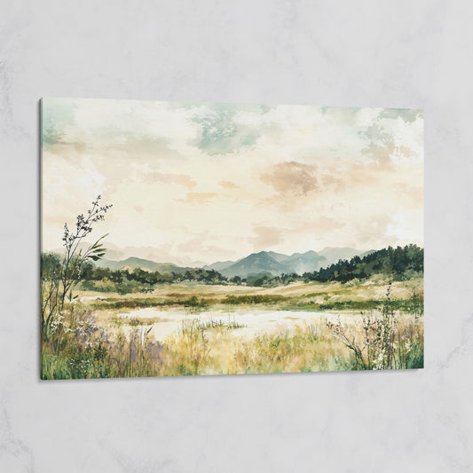Mountain Lake Landscape Canvas Wall Art, Fields and Water on gallery wrap