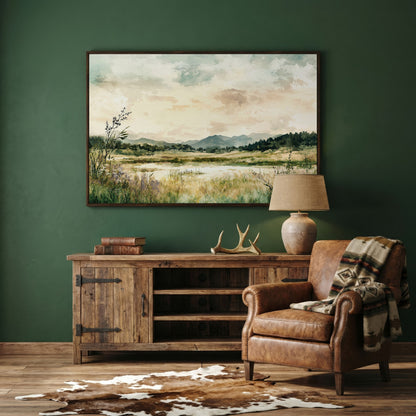 Mountain Lake Landscape Canvas Wall Art, Fields and Water in dark walnut floating frame
