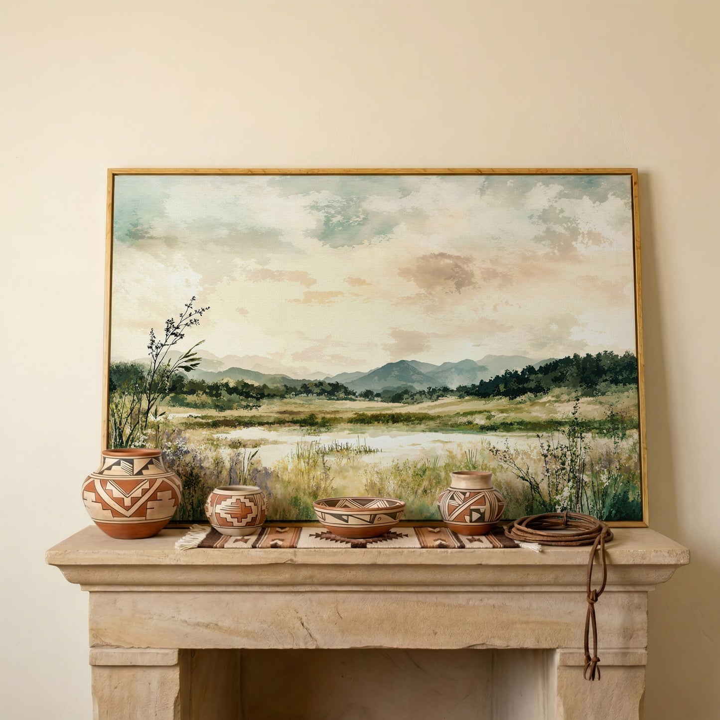 Mountain Lake Landscape Canvas Wall Art, Fields and Water in white oak floating frame