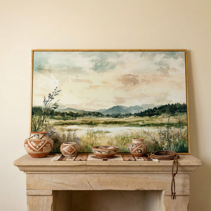 Mountain Lake Landscape Canvas Wall Art, Fields and Water in white oak floating frame