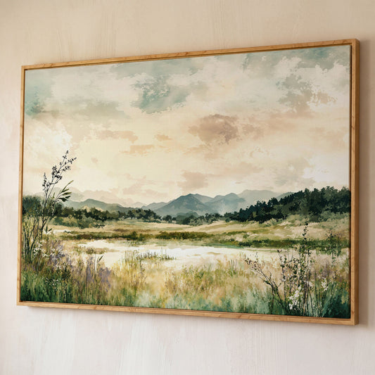 Mountain Lake Landscape Canvas Wall Art, Fields and Water shown in white oak floating frame