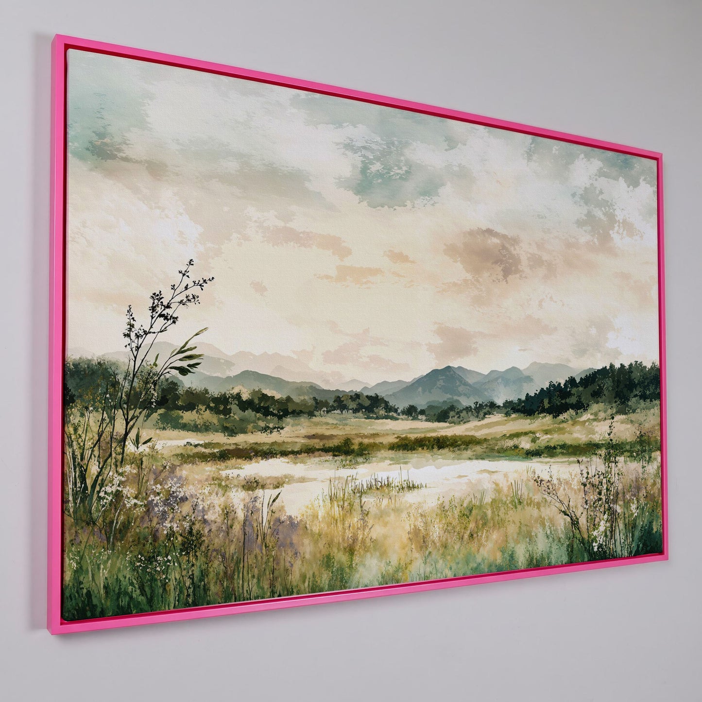 Mountain Lake Landscape Canvas Wall Art, Fields and Water in pink floating frame