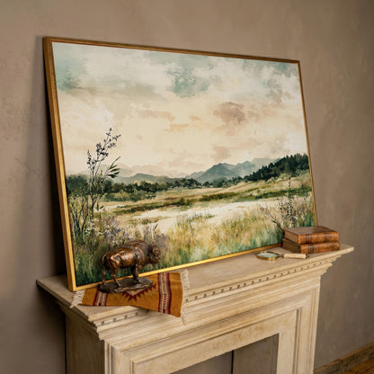 Mountain Lake Landscape Canvas Wall Art, Fields and Water in rose gold floating frame