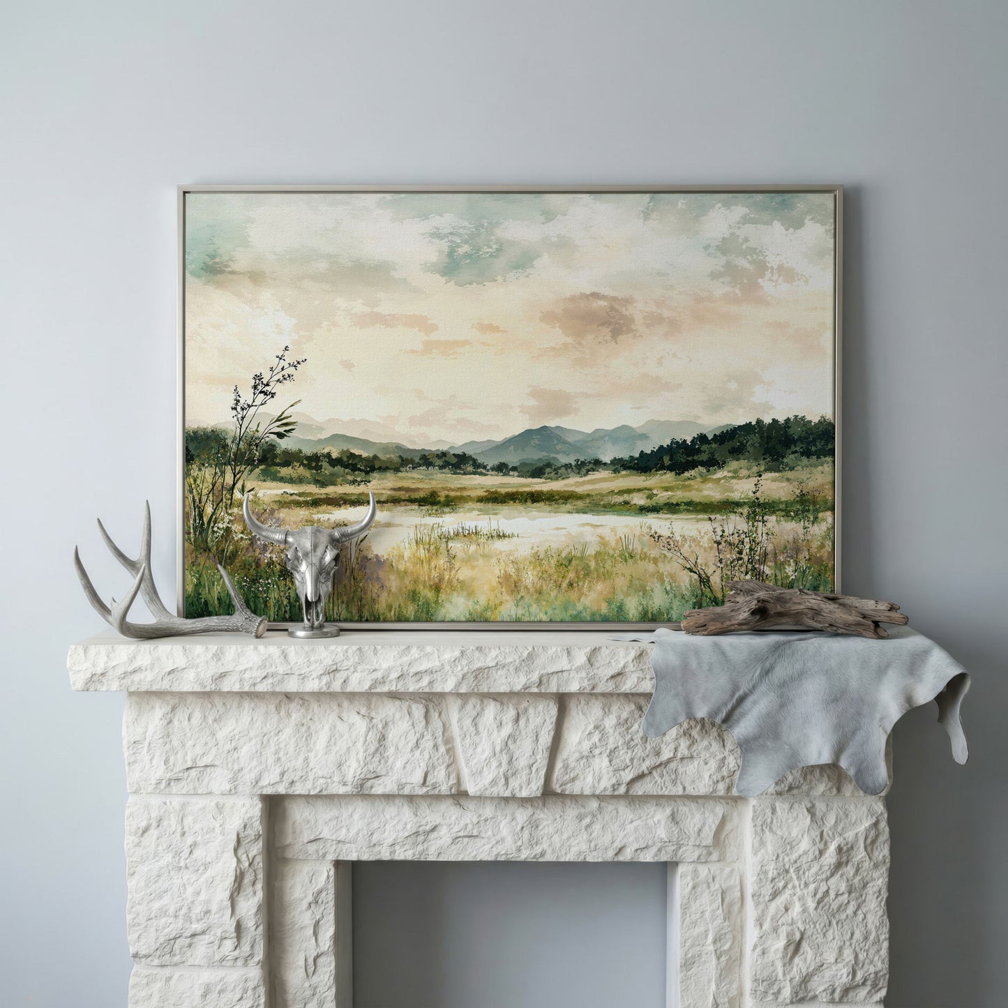 Mountain Lake Landscape Canvas Wall Art, Fields and Water in silver floating frame