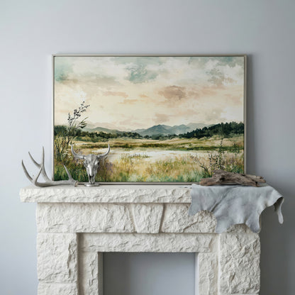 Mountain Lake Landscape Canvas Wall Art, Fields and Water in silver floating frame