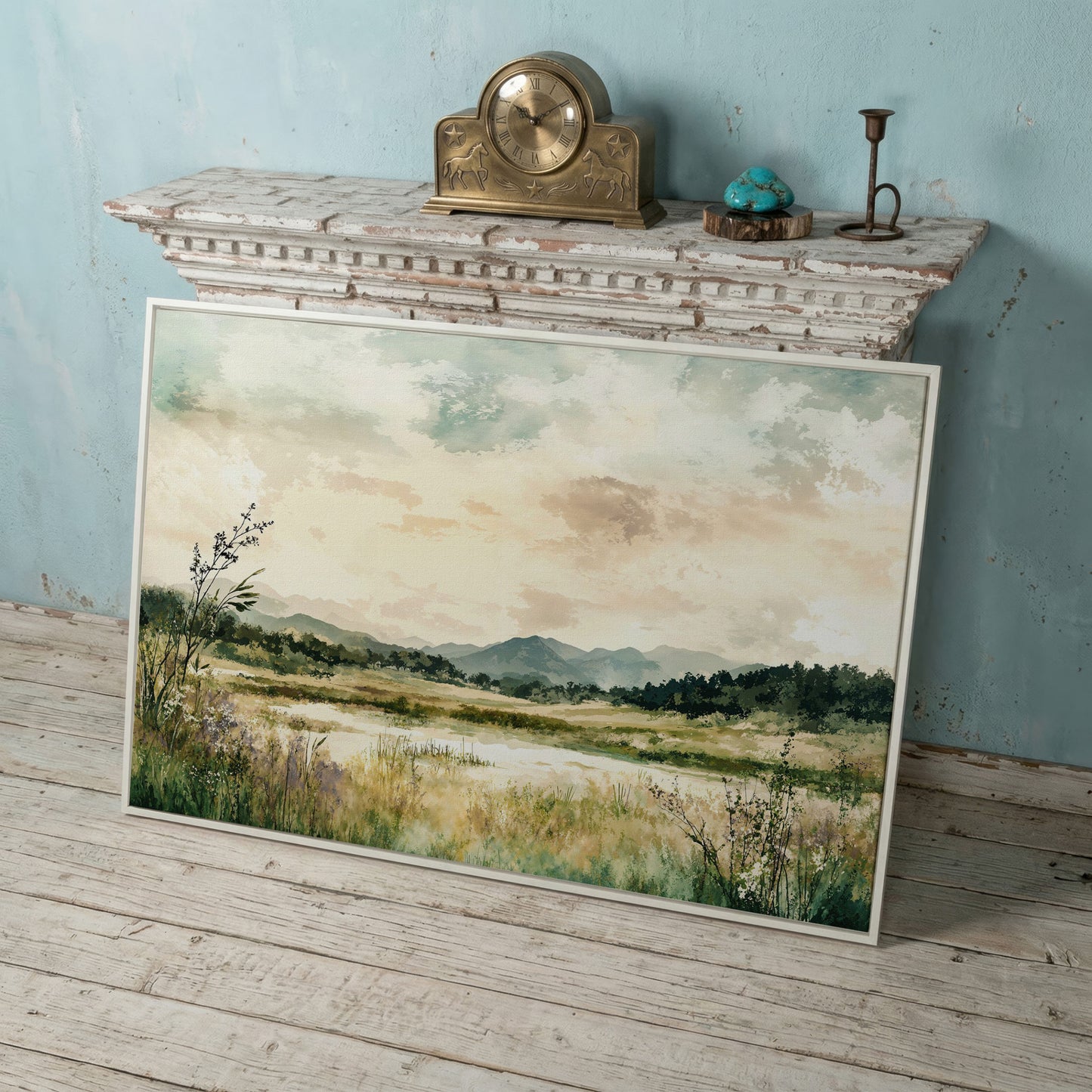 Mountain Lake Landscape Canvas Wall Art, Fields and Water in white floating frame