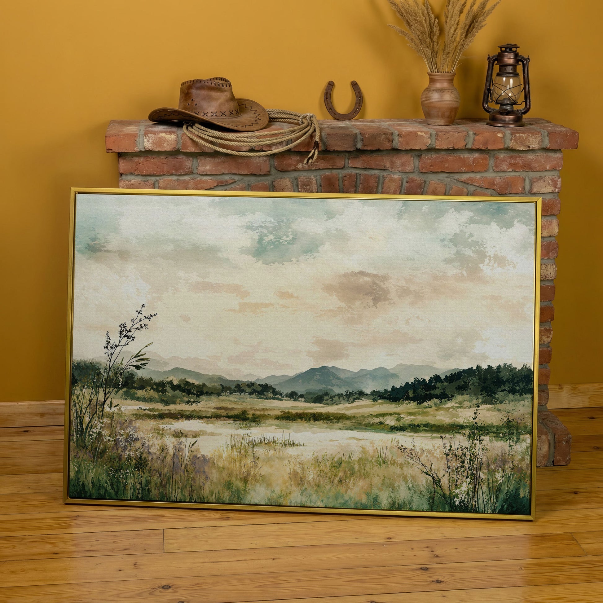 Mountain Lake Landscape Canvas Wall Art, Fields and Water in yellow gold floating frame