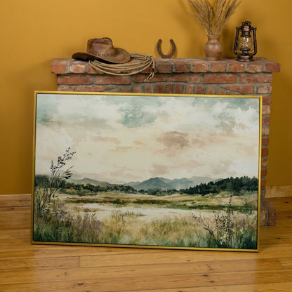 Mountain Lake Landscape Canvas Wall Art, Fields and Water in yellow gold floating frame