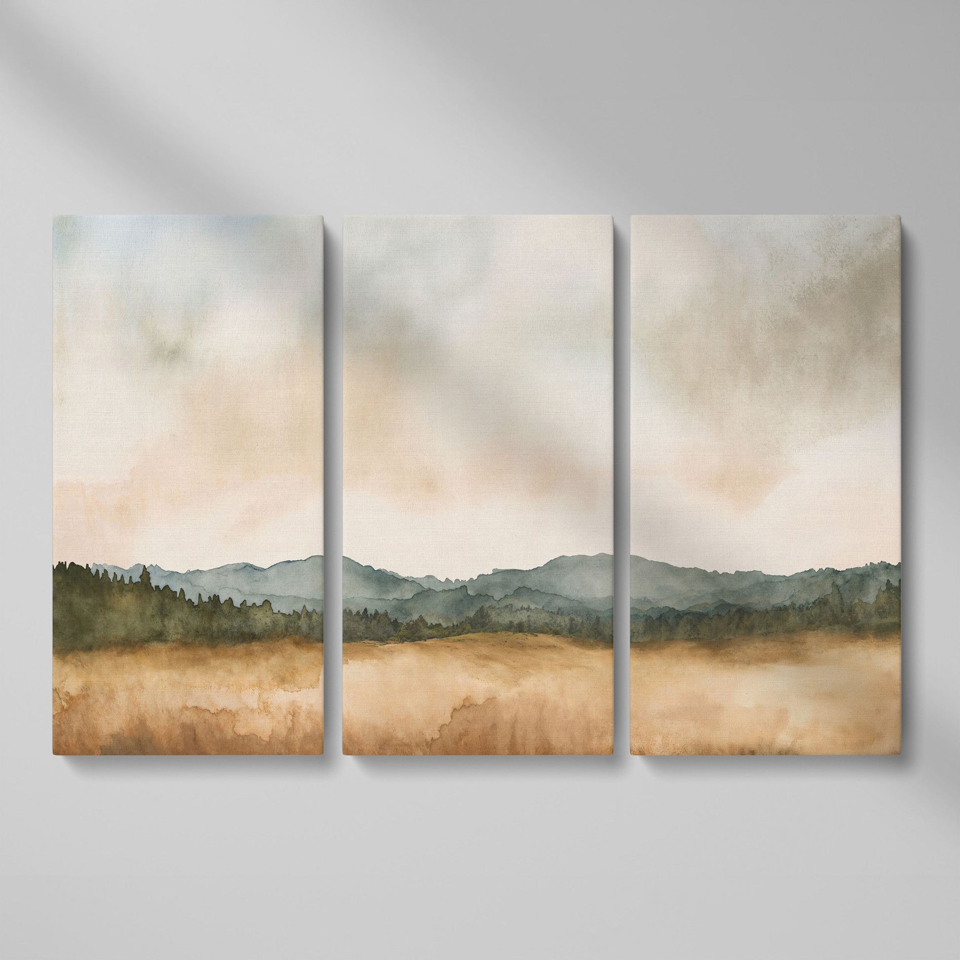 Tranquil Mountain Landscape Watercolor Canvas as 3-panel split version
