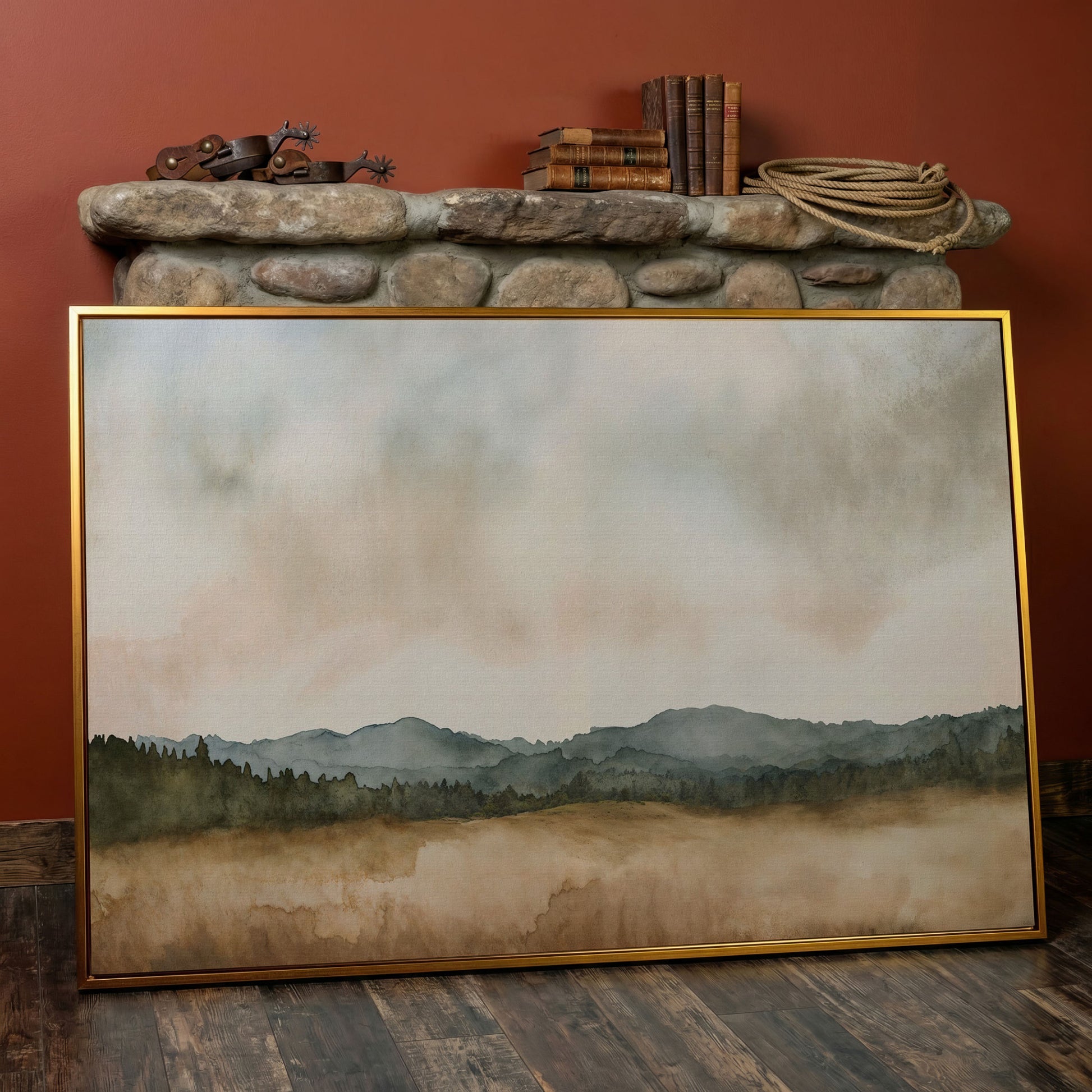 Tranquil Mountain Landscape Watercolor Canvas in antique gold floating frame